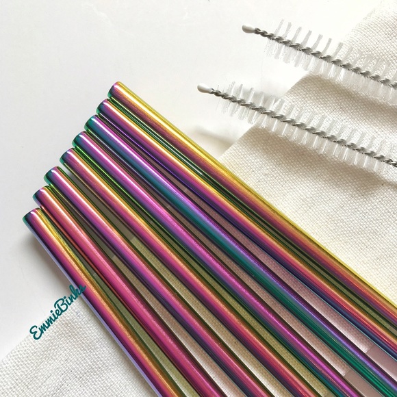 New Reusable Stainless Steel Oil Slick Holographic Tumbler Straw Set - Picture 8 of 14